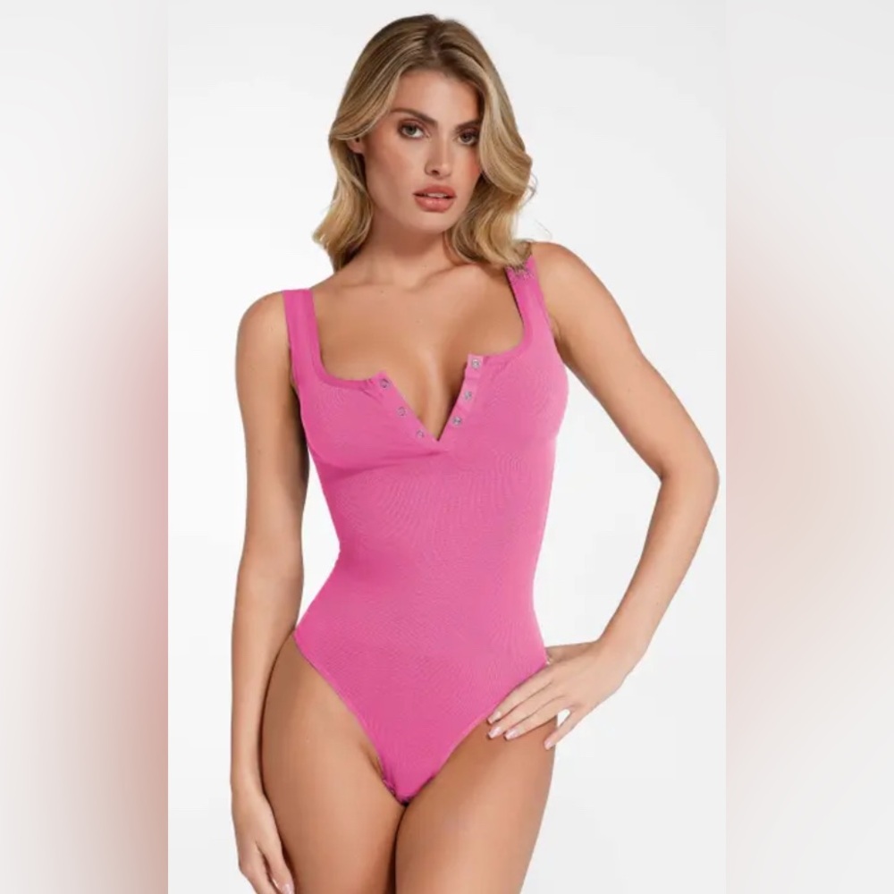 Popilush Pink Square Neck Shape Wear Bodysuit